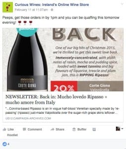 curious wines sales post on Facebook