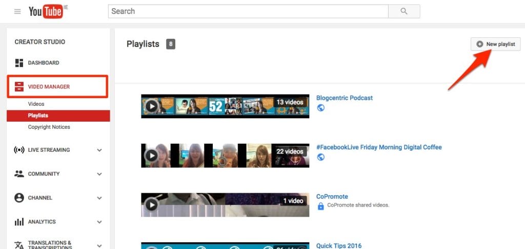 Select 'Playlists' from the sidebar under 'Video Manager'