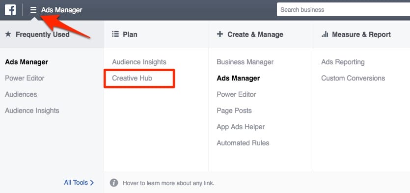 Find 'Creative Hub' in your ads manager.