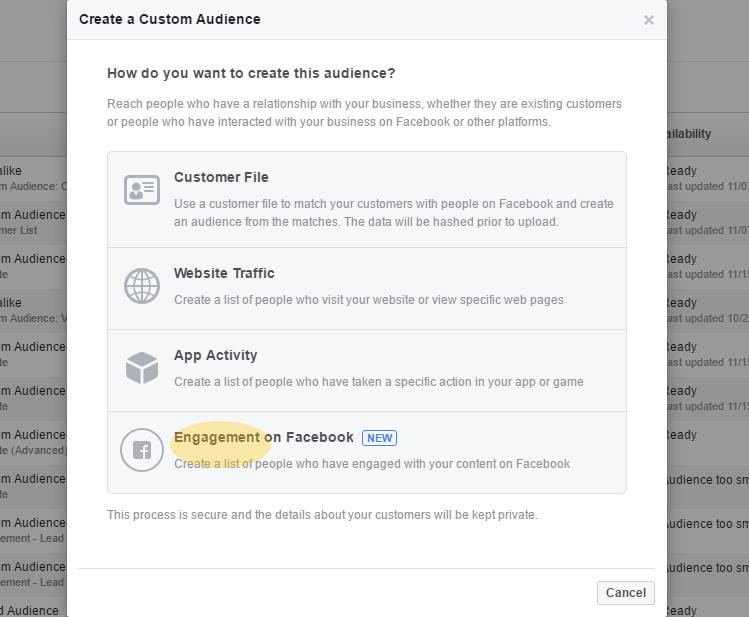 Create a custom audience from people who engage with your page on Facebook