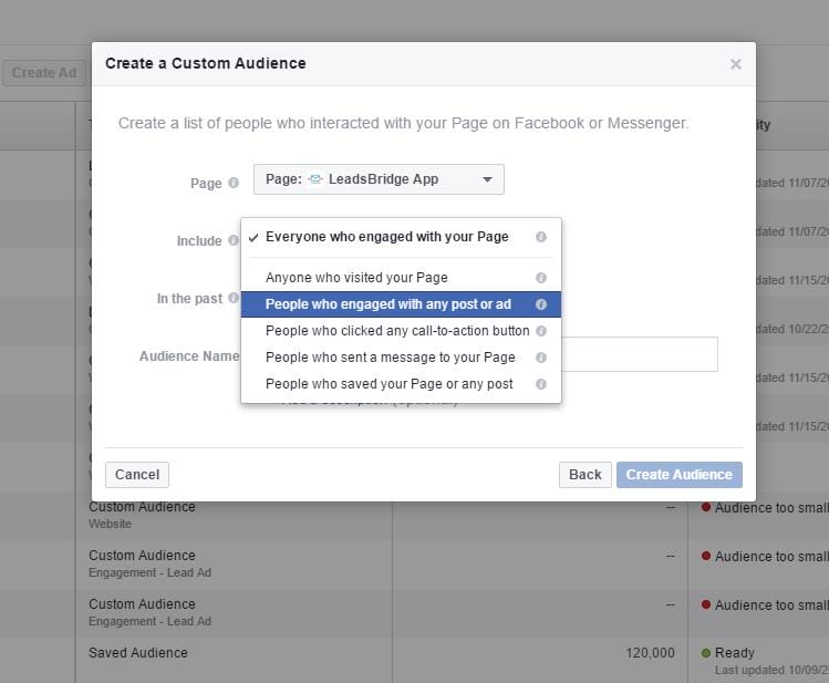 Create a custom audience from people who engaged with posts and ads from your page