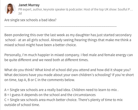 Janet Murray uses questions on LinkedIn to see what topics her audience are interested in