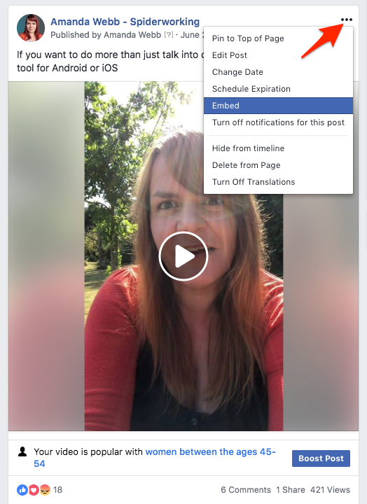 Share your video to Facebook so you can embed it on your website or blog.