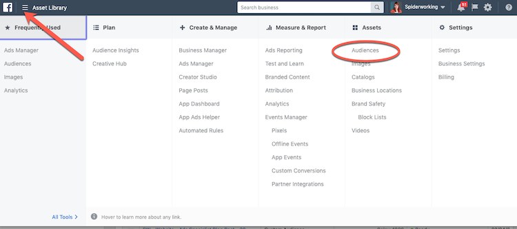 Find audiences by clicking the 'hamburger menu' and selecting 'Audiences' under assets