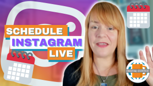 woman with hand up against a background of Instagram logo and a calendar icon