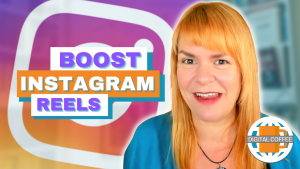 Is she thinking it or saying it? It's hard to know from the look on her face but she seems to be happy about the words floating to her left. 'Boost Instagram Reels'. Shes' got long strawberry blonde hair, bright lipstick and is wearing a blue cardigan.