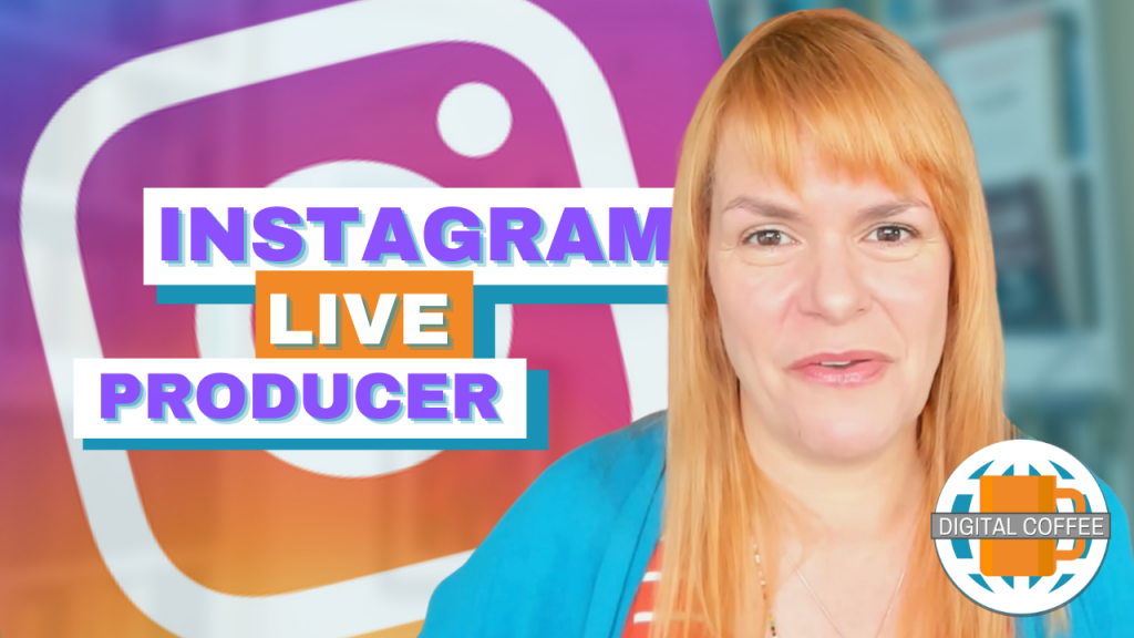 Amanda is about to say something. Here strawberry blonde hair is cut into a fringe with the rest draped over her shoulders. She's almost dressed in brand colours, blue and orange. Behind her the instagram logo floats large with the words 'Instagram Live Producer' plastered on top of it.
