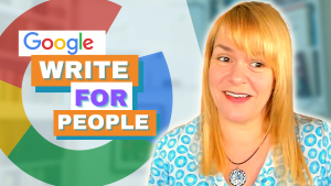 She doesn't look convinced. Amanda has long strawberry blonde hair and she's looking like someone who has just been told something almost unbelievable. She is framed against a Google logo and the words 'Write For People' float to her side.