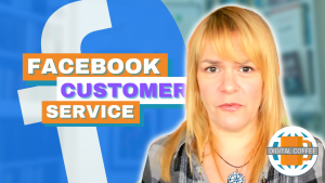 Amanda is about to say something, her lips are pursed, her dark eyes stare at us, he hair ls long and blondish. What is she about to say? It looks like it is something about Facebook as there's a Facebook logo floating to her side and the words 'Facebook customer service'