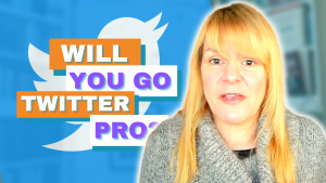 Amanda, her long hair flowing over her shoulders onto her grey jumper has something to say. "Will you go Twitter Pro?" she asks, her words float off to the left over the Twitter logo.