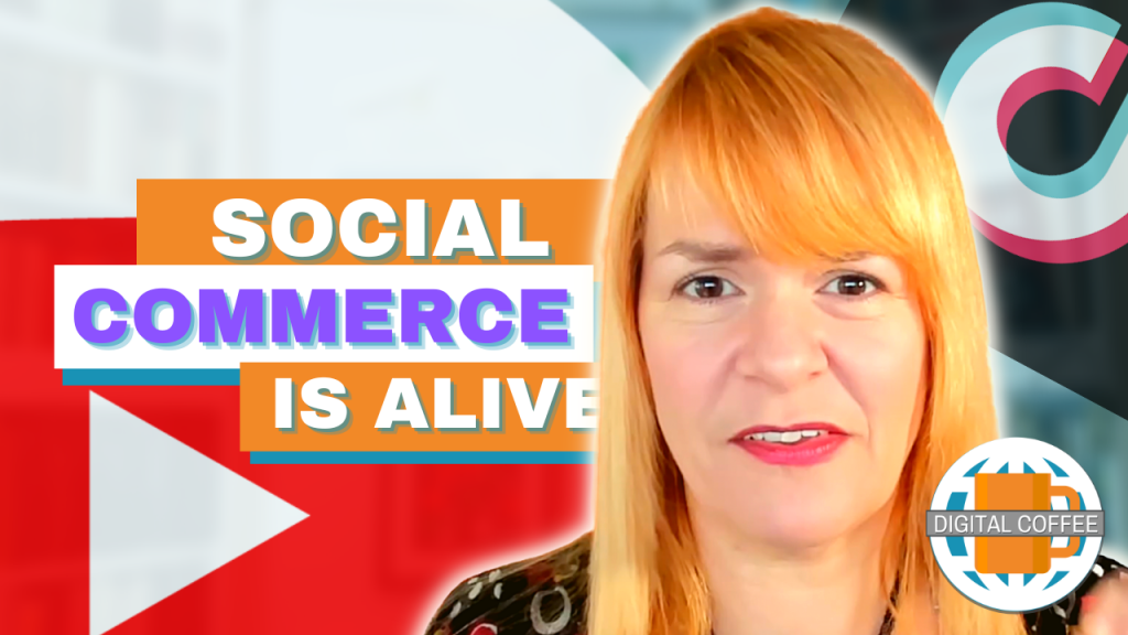 The YouTube and TikTok logos float around in the background as Amanda is about to announce that they bot h still invest in social shopping. She's looking at you, her ginger hair accentuated by a filter.