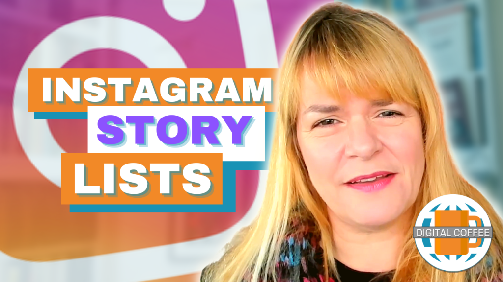 Amanda looks a little confused, an Instagram logo floats to her left. The words 'Instagram Story Lists' also float